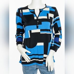 Notations Blue and Black Geometric Blocks Long Sleeve Top